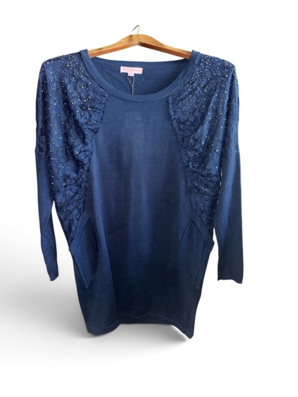 Fairy Tailor Women's Medium Navy Embellished Knit Sweater Mini Dress Long Sleeve